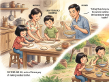 On the day before the summer solstice, Lili and Xiaoming help their mother knead dough and prepare cold noodles, while their father explains the tradition that eating long noodles celebrates harvest and wishes for health. The family works together to make the meal and later enjoys it in the yard as the sun sets, feeling a deep sense of family warmth and connection to their cultural heritage.