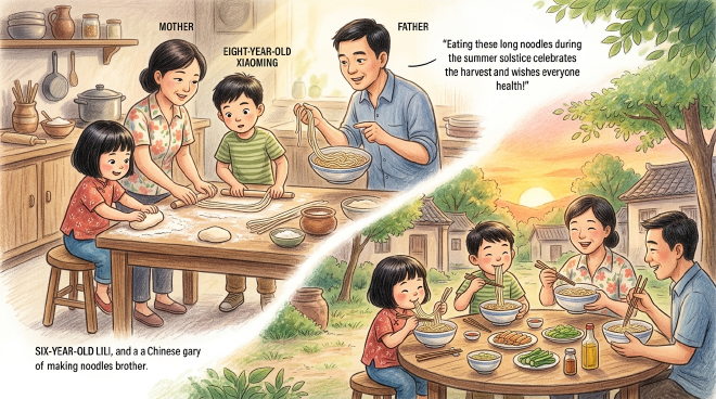 On the day before the summer solstice, Lili and Xiaoming help their mother knead dough and prepare cold noodles, while their father explains the tradition that eating long noodles celebrates harvest and wishes for health. The family works together to make the meal and later enjoys it in the yard as the sun sets, feeling a deep sense of family warmth and connection to their cultural heritage.
