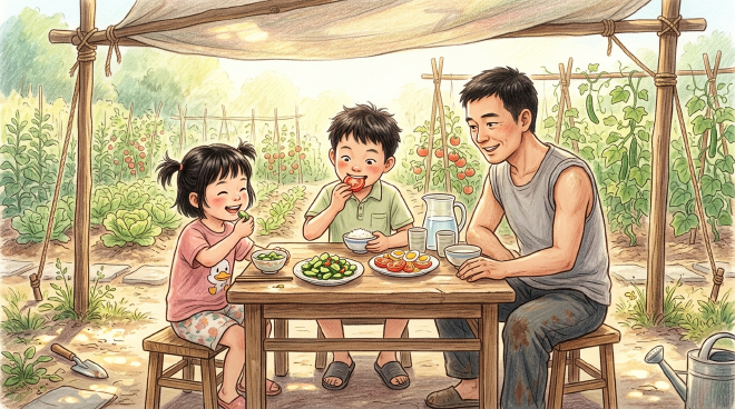 On a hot summer day, Xiaoming and Lili worked with their father to build a shade shelter to protect the wilting vegetables in their garden. After picking cucumbers and tomatoes, they made cool, refreshing dishes and enjoyed the meal together, feeling deep happiness from their shared labor and homegrown food.