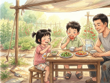 On a hot summer day, Xiaoming and Lili worked with their father to build a shade shelter to protect the wilting vegetables in their garden. After picking cucumbers and tomatoes, they made cool, refreshing dishes and enjoyed the meal together, feeling deep happiness from their shared labor and homegrown food.