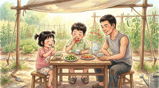 On a hot summer day, Xiaoming and Lili worked with their father to build a shade shelter to protect the wilting vegetables in their garden. After picking cucumbers and tomatoes, they made cool, refreshing dishes and enjoyed the meal together, feeling deep happiness from their shared labor and homegrown food.