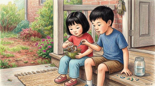 Xiaoming and Lili found an injured bird with a broken wing in their yard and took it home to care for it. They fed it and waited patiently until its wing healed, then released it on a sunny afternoon. The bird sang a grateful song before flying into the sky, leaving them feeling both happy and a little sad.