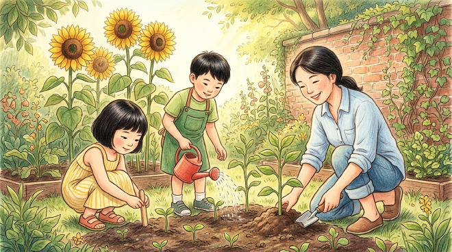 During summer vacation, Xiaoming and Lili plant sunflower seeds with their mother, carefully digging, sowing, and watering. They patiently watch the seeds sprout and the plants grow taller each day until golden flowers finally bloom. Their mother praises them for learning how to care for plants and for being patient, making it their most memorable summer.