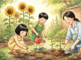 During summer vacation, Xiaoming and Lili plant sunflower seeds with their mother, carefully digging, sowing, and watering. They patiently watch the seeds sprout and the plants grow taller each day until golden flowers finally bloom. Their mother praises them for learning how to care for plants and for being patient, making it their most memorable summer.