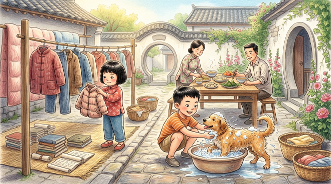 On the Double Sixth Festival, Lili and Xiaoming help their parents by sunning winter clothes and books to prevent mold and insects, and they also bathe their dog Doudou. The family then enjoys a traditional meal together, celebrating their work and the joy of being together.