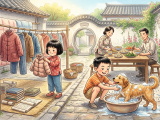 On the Double Sixth Festival, Lili and Xiaoming help their parents by sunning winter clothes and books to prevent mold and insects, and they also bathe their dog Doudou. The family then enjoys a traditional meal together, celebrating their work and the joy of being together.