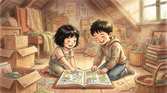 Xiaoming helps Lili organize her messy attic, where they discover an old photo album filled with summer memories. They repurpose the photos into a new scrapbook titled 'Summer Memory Book,' adding Chinese character labels while chatting and laughing together. The project brings them joy and strengthens their friendship.