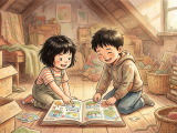 Xiaoming helps Lili organize her messy attic, where they discover an old photo album filled with summer memories. They repurpose the photos into a new scrapbook titled 'Summer Memory Book,' adding Chinese character labels while chatting and laughing together. The project brings them joy and strengthens their friendship.