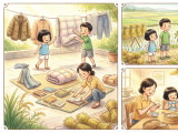 As the damp weather before Lesser Heat approached, Lili and Xiaoming helped their mother sun-dry winter clothes and books to prevent mold. Afterwards, they visited a rice paddy where a farmer showed them freshly harvested rice and explained how it is dried to become the grains they eat. The day ended with the whole family joyfully making and eating dumplings together, marking a warm start to the summer.