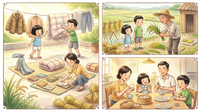 As the damp weather before Lesser Heat approached, Lili and Xiaoming helped their mother sun-dry winter clothes and books to prevent mold. Afterwards, they visited a rice paddy where a farmer showed them freshly harvested rice and explained how it is dried to become the grains they eat. The day ended with the whole family joyfully making and eating dumplings together, marking a warm start to the summer.