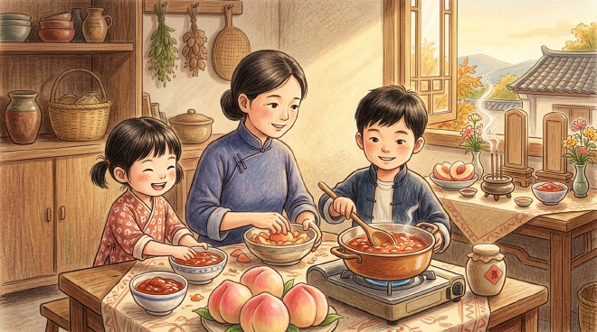 On the eve of the Start of Autumn, siblings Lili and Xiaoming pick ripe peaches and make sweet jam with their mother. The family then honors their ancestors by offering the jam and largest peaches, praying for safety and a good harvest. They later enjoy the peaches and tea together, savoring the warmth of reunion and gratitude as autumn arrives.