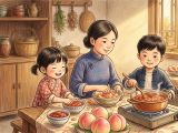On the eve of the Start of Autumn, siblings Lili and Xiaoming pick ripe peaches and make sweet jam with their mother. The family then honors their ancestors by offering the jam and largest peaches, praying for safety and a good harvest. They later enjoy the peaches and tea together, savoring the warmth of reunion and gratitude as autumn arrives.