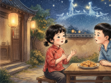 Lili tells Xiaoming the romantic legend of Qixi Festival, about the cowherd Niulang and the weaver girl Zhinü who are separated by the Heavenly River but reunited once a year by a bridge of magpies. That evening, they watch the Cowherd and Weaver Girl stars in the sky with their mother, enjoying traditional qiaoguo pastries and celebrating the warmth of family.