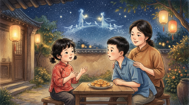 Lili tells Xiaoming the romantic legend of Qixi Festival, about the cowherd Niulang and the weaver girl Zhinü who are separated by the Heavenly River but reunited once a year by a bridge of magpies. That evening, they watch the Cowherd and Weaver Girl stars in the sky with their mother, enjoying traditional qiaoguo pastries and celebrating the warmth of family.