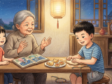 During the Qixi Festival, Lili and Xiaoming listen to their grandmother's story of Niulang and Zhinü, then make qiaoguo together. Xiaoming braids a colorful bracelet as a surprise gift for his sister, and the family happily celebrates the reunion by enjoying the treats and stargazing.