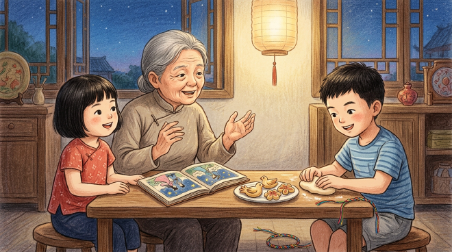 During the Qixi Festival, Lili and Xiaoming listen to their grandmother's story of Niulang and Zhinü, then make qiaoguo together. Xiaoming braids a colorful bracelet as a surprise gift for his sister, and the family happily celebrates the reunion by enjoying the treats and stargazing.