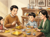 A family prepares for the Zhongyuan Festival by folding gold paper ingots together. The father tells a story about their kind and helpful great-grandfather, inspiring the children to honor him with more offerings. After setting out food, lighting incense, and bowing respectfully, they feel a warm sense of connection as they remember their ancestors.