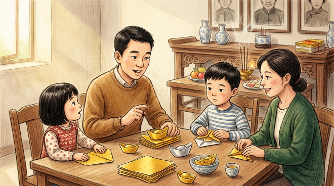 A family prepares for the Zhongyuan Festival by folding gold paper ingots together. The father tells a story about their kind and helpful great-grandfather, inspiring the children to honor him with more offerings. After setting out food, lighting incense, and bowing respectfully, they feel a warm sense of connection as they remember their ancestors.
