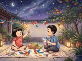 On the evening of Qixi Festival, Lili tells Xiaoming the story of the Cowherd and Weaver Girl, and together they make colorful paper magpies to hang in the courtyard and make wishes. They enjoy the starry night with fruit, and Xiaoming later keeps a paper magpie by his pillow, treasuring the happy memory.