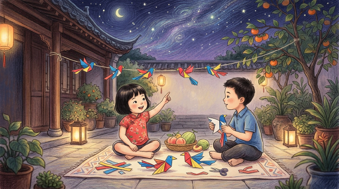 On the evening of Qixi Festival, Lili tells Xiaoming the story of the Cowherd and Weaver Girl, and together they make colorful paper magpies to hang in the courtyard and make wishes. They enjoy the starry night with fruit, and Xiaoming later keeps a paper magpie by his pillow, treasuring the happy memory.