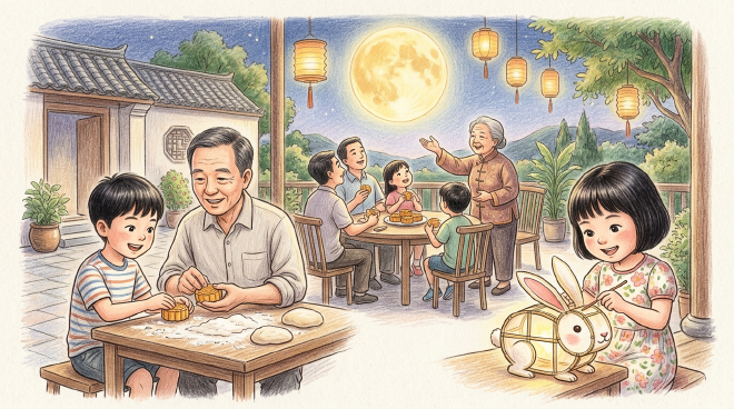 As Mid-Autumn Festival approaches, Xiao Ming helps his father make mooncakes while Lili makes a beautiful rabbit lantern. That evening, the family sits outside eating mooncakes and admiring the full moon as Grandma tells the story of Chang'e. The children learn that the festival is about family reunion and spend a very happy holiday together.