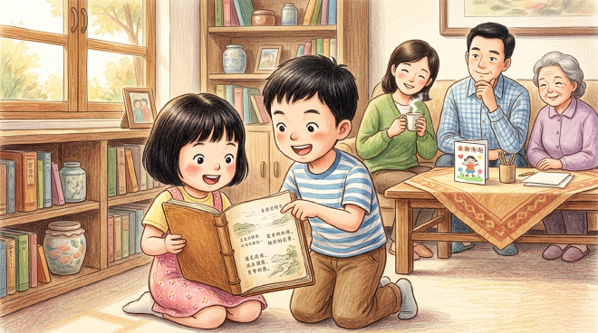 Lili and Xiaoming discover their grandfather's old notebook filled with poems and landscape paintings while tidying the bookshelf. They decide to give it to their Chinese teacher for Teachers' Day along with a handwritten thank-you card, and their family discusses how much the teacher has helped them.