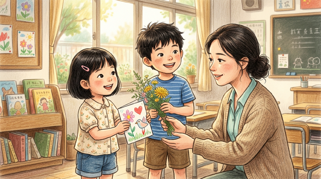 As Teacher's Day approaches, Lili and Xiaoming prepare a handmade card and fresh flowers from the garden as gifts for their beloved Chinese teacher, Teacher Wang. When they give her the presents, she thanks them and explains that the best gift for a teacher is watching her students learn and grow. Inspired by her words, the two children feel proud and commit to studying harder every day.