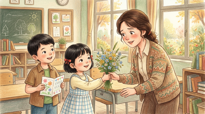 To celebrate Teacher's Day, Xiaoming and Lili pick wildflowers on their way home and make a card together, with Lili drawing flowers and Xiaoming carefully practicing his writing until it looks neat and beautiful. On the morning of Teacher's Day, they arrive at school early and give the flowers and card to their teacher. The teacher is deeply touched and tells them it is the best gift she has ever received.