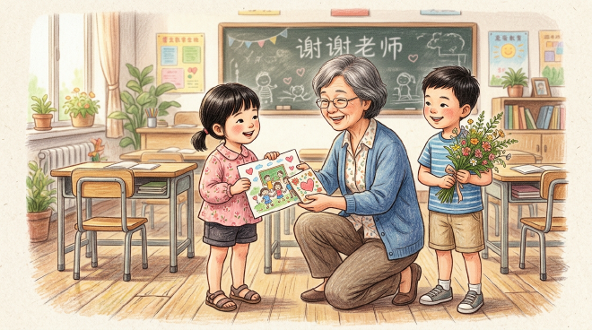 With Teacher's Day approaching, siblings Xiaoming and Lili decide to prepare special gifts for their teacher, including a drawing of the classroom, a thank-you card, and fresh flowers from their garden. The teacher is deeply touched and tells them that their care and thoughtfulness is the best gift of all. Motivated by the teacher's happiness, the siblings study even harder from that day on.