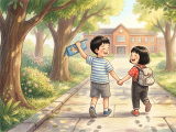 On the first day of school, Xiaoming cannot find his blue pencil case with a little dog on it while packing with Lili. They search together and finally find it under the sofa. Then they happily go to school.