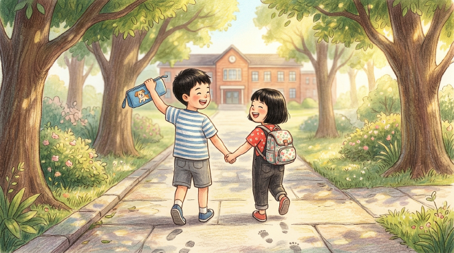 On the first day of school, Xiaoming cannot find his blue pencil case with a little dog on it while packing with Lili. They search together and finally find it under the sofa. Then they happily go to school.